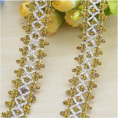 New 20M/lot Gold Lace Rhinestone Mesh Trim For Garment Accessories Decoration Sewing Braided Lace,Free Shipping