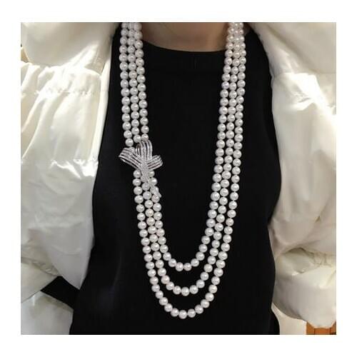 Hand knotted natural 3rows 7-8mm white freshwater pearl micro inlay zircon necklace fashion jewelry