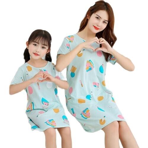 Summer Kids Pajamas 100% Cotton Nightgowns Girl Pajama Dress Mother Kids Night dress Cartoon Girl Sleepwear Childrens Clothes
