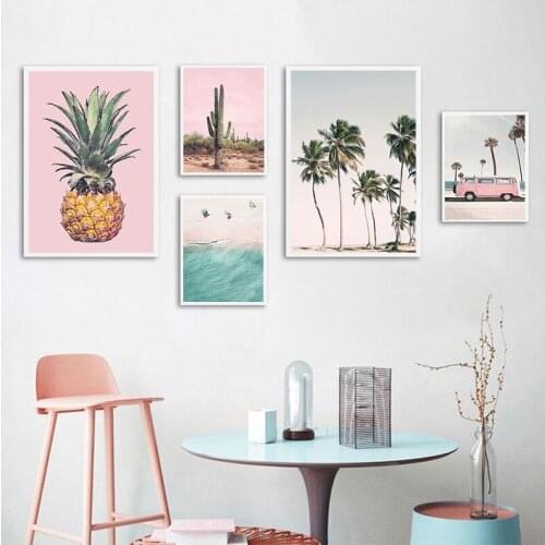 Pink Bus Cactus Pineapple Blue Sea Beach Wall Art Canvas Painting Nordic Posters And Prints Wall Pictures For Living Room Decor