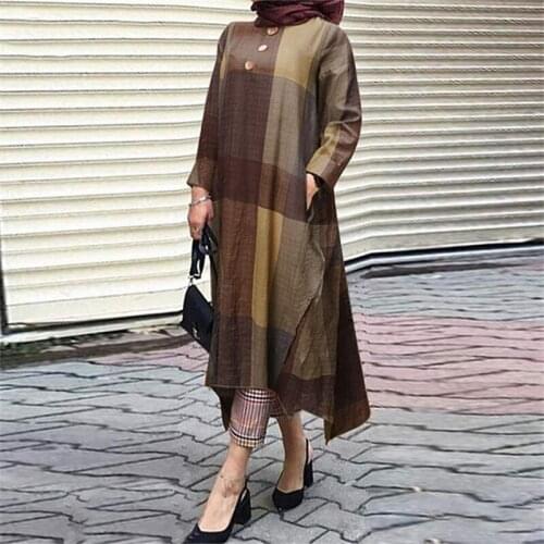 Check Muslim Dress Women Asymmetrical Sundress Plus Size Robe Caftan Turkey Islam Plaid Vestidos Kaftan Muslim Female Robe