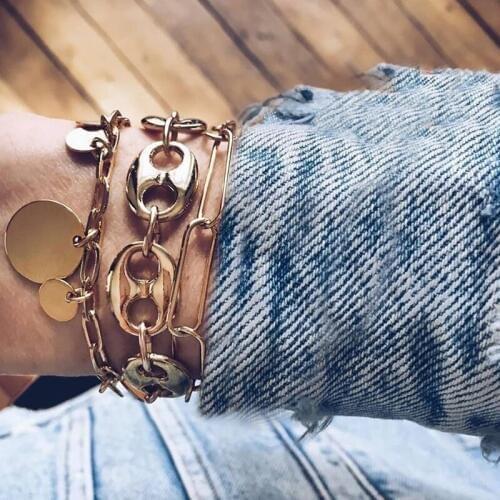 Metal Chain Gold Bracelets Women Boho Jewelry Punk Initial Gold Coin Charm Bracelets Femme Accesorios Mujer Boho Beach Bijoux