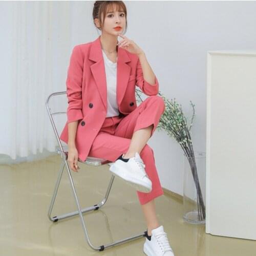 2021 Autumn Professional temperament women Pant Suits 2 Piece Sets Women Double breasted Blazer + Pants Suit
