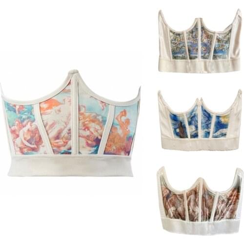 Women Vintage Angel Printed Corset Wrap Girdle Fish Boned Fitness Waist Shaper Underbust Bustier Cincher Elastic Slimming Belt S