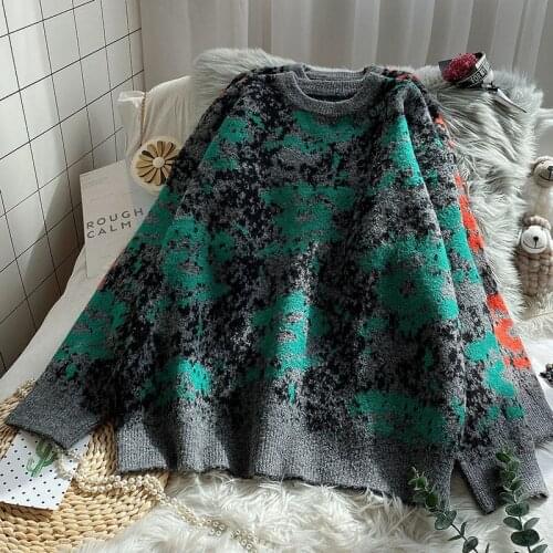 2020 Fall Winter Round Neck Sweater Top Loose Long Sleeve Vintage Casual Lady Print Knitted Jumper Pullover Shirt Blusa y1031