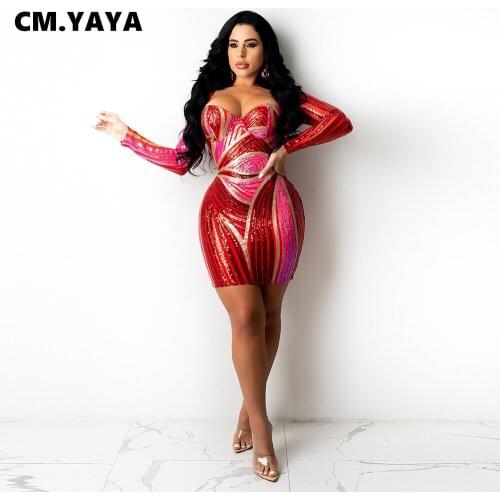 CM.YAYA Women Mini Dress Colorful Sequins Full Sleeve Back Zipper Stretchy Bodycon Pencil Dresses Sexy Fashion Vestidos Summer
