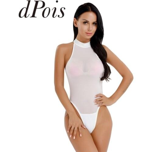 Women Semi-see through Sexy One Piece Lingerie Sleeveless Jumpsuit Mock Neck High Cut Crotchless Thong Leotard Bodysuit