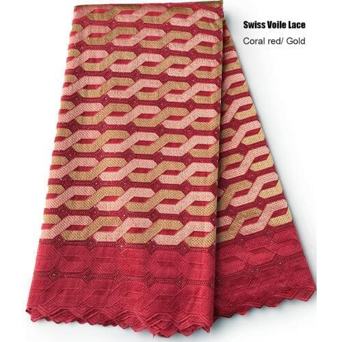 5 Yards Coral red Gold African Swiss Voile Lace fabric High quality cotton Nigerian Ghana sewing cloth dress