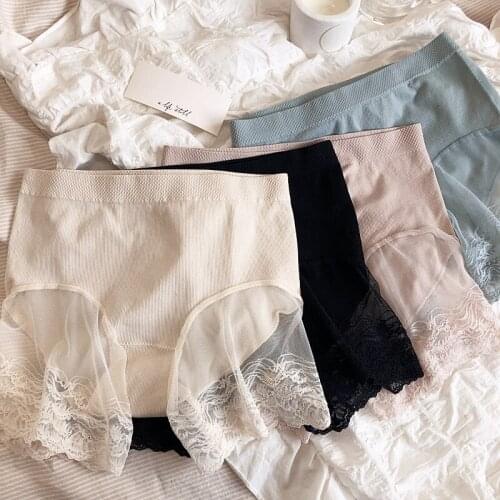 Anti-glare high-elastic panties lace-edge low-waist boxer briefs, comfortable buttocks abdomen underpants sexy mesh safety pants