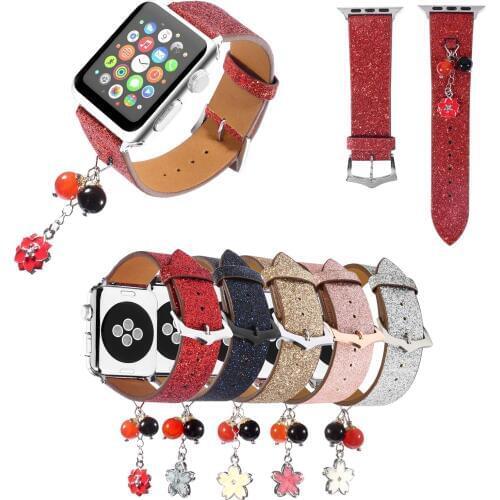 Bling Glitter Leather Strap for Apple Watch Series 3 2 1 38mm 42mm Replacement Band Shiny Ornament Pendants Bracelet for iWatch