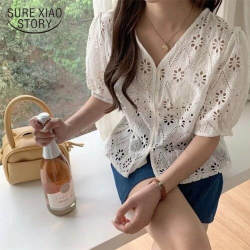 Hollow Embroidery V-neck Buckle Small Sweet Short-sleeved Shirt Womens Summer 2021 New Fairy White Blouse Blusas Mujer 14243