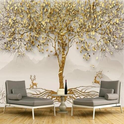 Milofi custom large 3D wallpaper mural gold foil forest elk scenery living room bedroom background wall decoration wallpaper mur