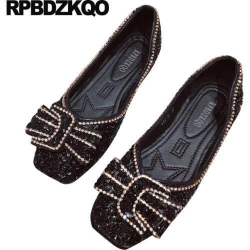 Black china sparkling pink bling rhinestone ballerina party bow crystal soft ballet flats women diamond square toe dress kawaii