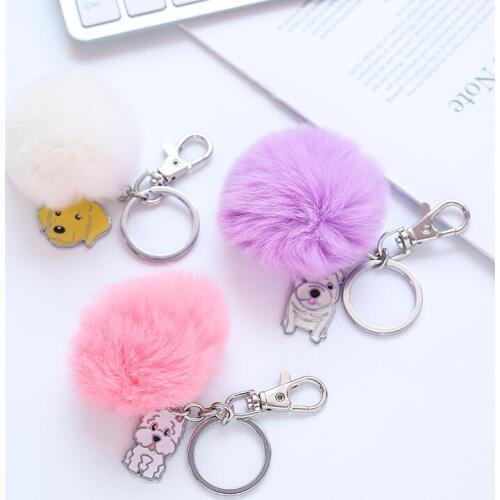 Hot Selling Key Chain Candy Color Dog Key Ring with Fashion Rabbit Pom Pom Fur Ball Ring Best Gift for Girfriend KC004