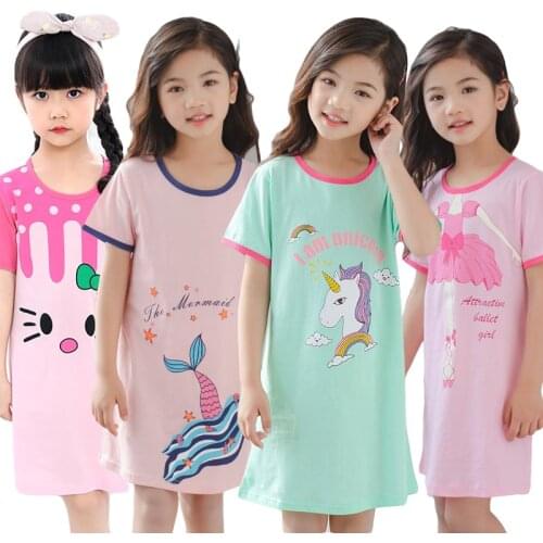 Unicorn Cotton Nightdress Little Teen Girl Pajamas Dresses Children Cartoon Summer Nightgown Home Clothes Kids Sleepwear Gecelik