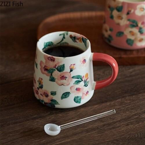 380ml Flower Pattern Ceramic Mug Afternoon Tea Coffee Cup Office Water Cup and Breakfast Milk Cup Birthday Gift for Girlfriend
