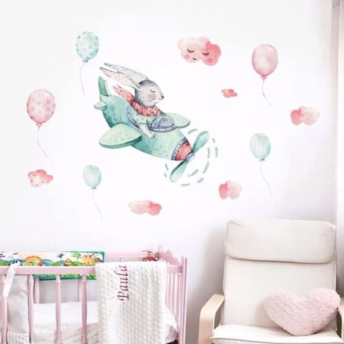 Cute Rabbit on Airplane Wall Stickers Watercolor Hand Drawn Wall Decals for Kids Boy Room Bedroom Baby Nursey Home Decoartion