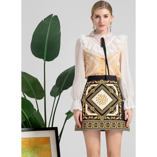 Fashion Runway Autumn Vintage Set Women Ruffles Lace Chiffon Blouses+Bead Sequins Printed Skirt Two Pieces Set