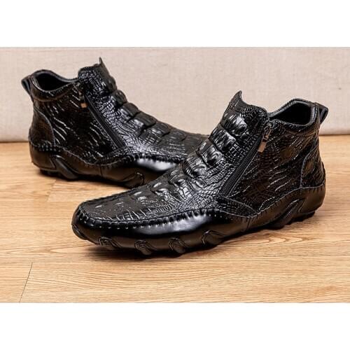 Mens PU Leather Crocodile Pattern Side Zipper PU Leather High Top Wingtip Shoes Black Plus Size New 2021