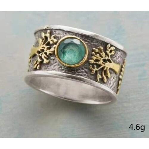 Punkboy Vintage Mens European Jewelry Tree of Life Ring Retro Trendy Male Light Green Crystal Rhinestone Tree Ring Size 5-11