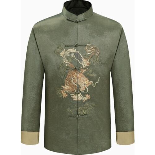 Male coat dark green Satin Outwear Chinese Style Embroidery Dragon Jacket Men Double Breasted Kung Fu Coat M - XXXL куртки