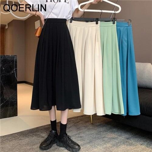 QOERLIN Casual Lace-up Women Pleated Mid-length Skirts 2021 Summer High Waist Female A-line Long Skirts Elegant Loose Skirts