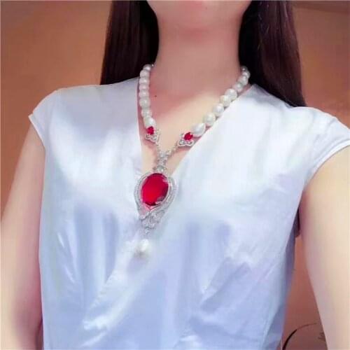 Freshwater pearl white KESHI BAROQUE DROP pendant necklace red/green/blue ZIRCON nature beads wholesale 19inch FPPJ strand