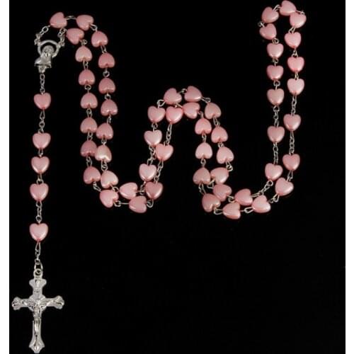 Love Heart Shape Pink Rosary Necklace Virgin Mary Cross Jewelry Baptism Beads Christ Jesus Prayer Count Bead Necklace