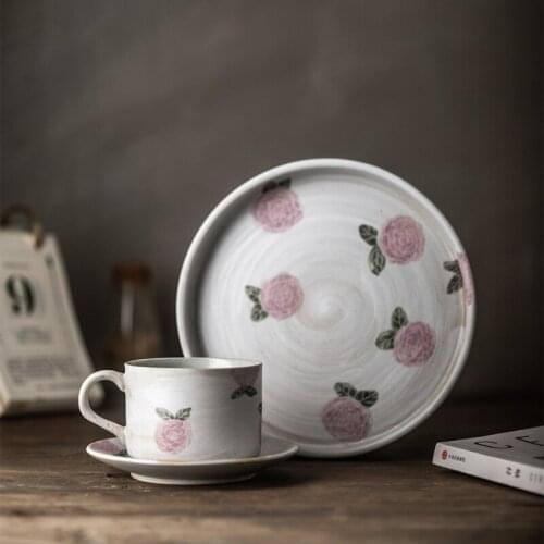 Hand Painted Rose Flowers Japanese Style Handmade Ceramic Western Plate Rice Bowl Breakfast Cup Fruit Plate Coffee Cup Saucer