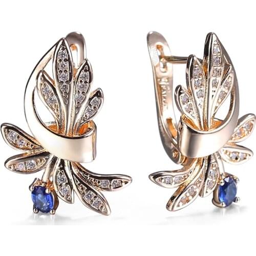 585 Rose Gold Flower Leaf CZ Blue Stone Dangle Earrings for Women Girls Stylish Elegant Fashion Jewelry GE336