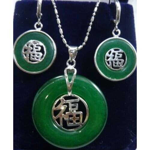 Jewelry green jade pendant necklace earring +free Chain