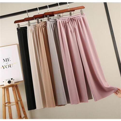 2019 New Summer Big Size Women ICE SILK knitted Wide Leg Pant Casual High Waist Bow Pant Spring Elegant Lady Pants Trousers W750