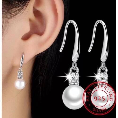 925 Sterling Silver Earring Zirconia 8mm/10mm/12mm Pearl Water Drop Tassel Earring For Women oorbellen brincos pendientes S-E394