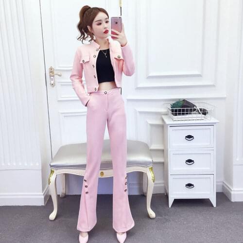 Women 2021 Spring Autumn Suede Suits Female Pant Suits Ladies Single-breasted Short Jacket and High Waist Flare Trouser Set B232