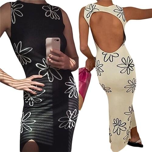Female Sexy Maxi Dress, Floral Print O-Neck Sleeveless Backless Split Sundress for Summer Fall, Black/Beige, S/M/L