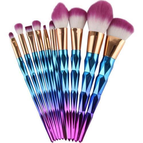 10PCS Rose Gold Rainbow Make Up High Quality Foundation Blusher Powder Flat Eyeliner Eyebrow Makeup Cosmetic Brush Tools Set