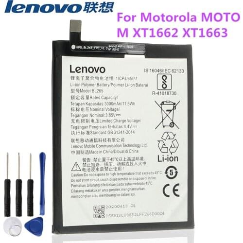 100% original battery BL265 for Lenovo XT1662 Battery For Motorola MOTO M XT1662 XT1663 3000mAh Batterie+free Tools