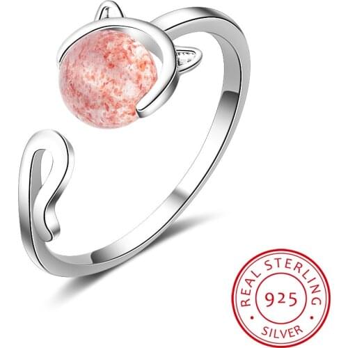 100% 925 Sterling Silver Cat Ring Cute Animal Strawberry Crystal Finger Rings for Women Adjustable Engagement Jewelry