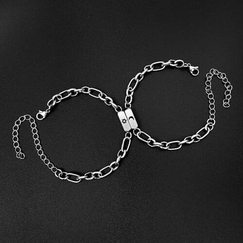2pcs /set Paired Magnet Bracelets Sun Moon Charm Stainless Steel Bracelet For Couples Bracelets For Men and Women Jewelry Gifts