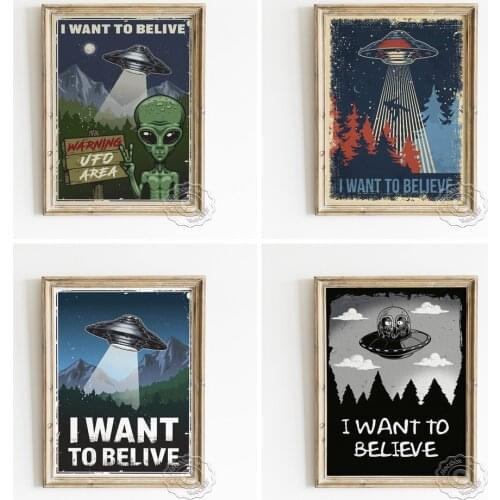 American Sci-Fi Movie I Want To Believe Retro Poster, UFO Vintage Art Prints, Aliens Cartoon Portrait Wall Picture Home Decor