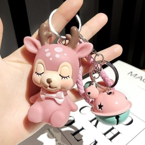 Cartoon Elk Animal Keychain for Girl Cute Pink Toy Bell Doll Bag Pendant Key Chain PVC Car Keyring Festival Gift Sleutelhanger
