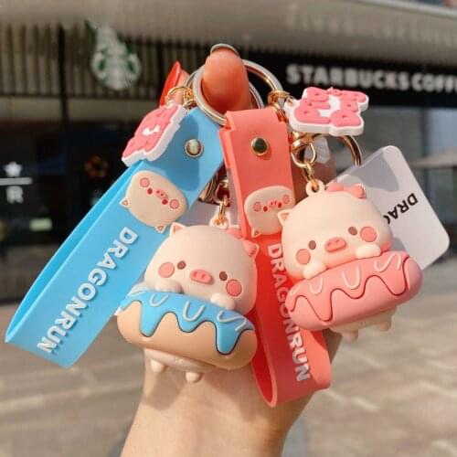Cartoon Donuts Pig Doll Keychain Cute Exquisite PVC Piggy Doll Backpack Pendant Women Bag Car Keyring Jewelry Gift Accessories
