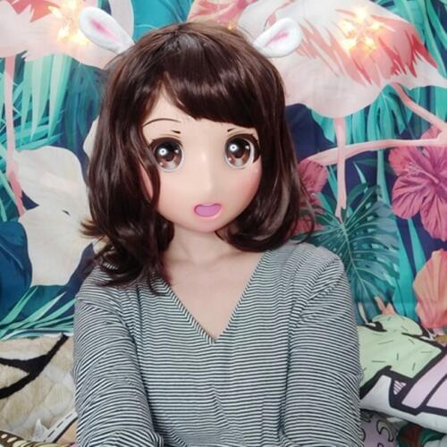 Caomei-03)Female Sweet Girl Resin Half Head Kigurumi Crossdress Cosplay Japanese Anime Role Lolita Doll Mask With Eyes And Wig