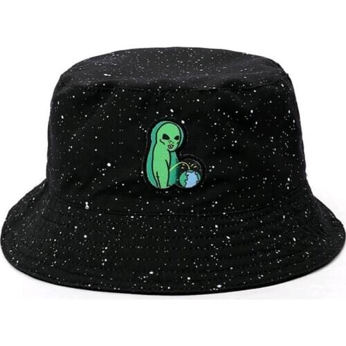 Double-Side Funny Hat Alien Bucket Hat Bob Cap Mens Fashion Cotton Bucket Hat Sunscreen Embroidery Bucket Hats Hip Hop Hat