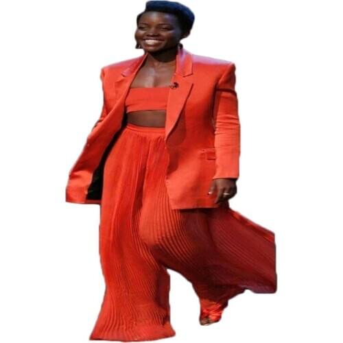 Orange Women Suits 3 Pieces Lapel Sexy Hollow Loose Ruffles Pant Formal Party Suits For Women Custom Made