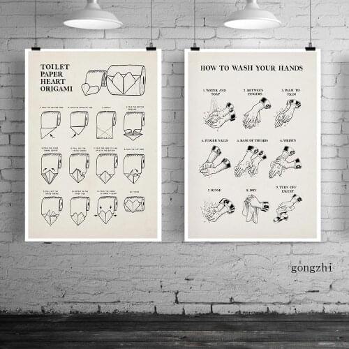 Wash Your Hands Nordic Poster Toilet Paper Heart Origami Vintage Canvas Painting and Prints Bathroom Wall Art Picture Home Decor