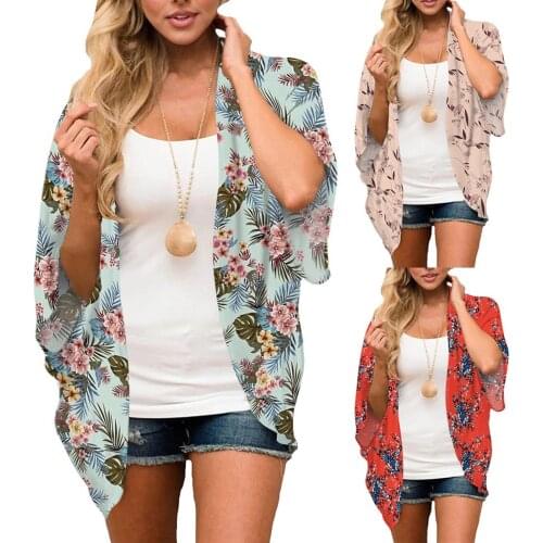 Beach Cover Up Fashion Womens Cape For Swimsuit Mid Sleeve Printing Chiffon Cardigan Beach Loose Easy Tops пляжная одежда