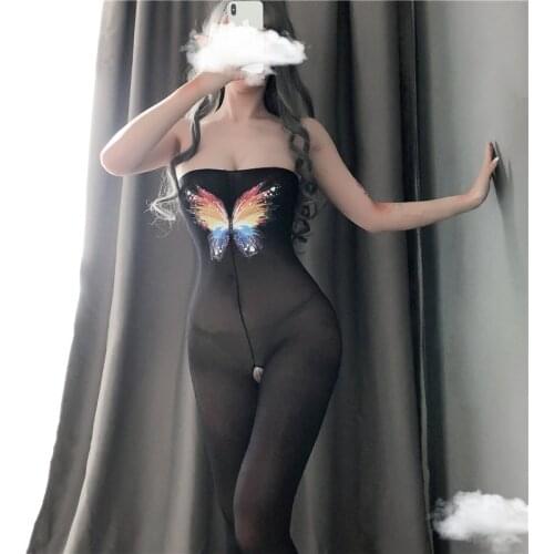Sexy Underwear Body Silk Stocking Sexy Costumes Cosplay Butterfly Printing Bodysuits Adult Erotic Lingerie See Through Nightgown