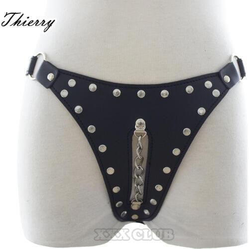 Thierry adult games female Sex Products Exotic PU leather Black Thongs Sexy Chain Sexy Chain Adjustable Chastity Belt for Women