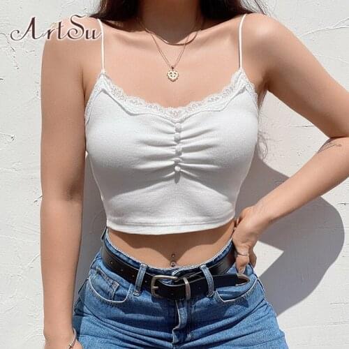 ArtSu Y2K Streetwear Ruched Buttons White Cami Tops Aesthetics Lace Trim U-Neck Sleeveless Crop Tops Spaghetti Strap VE52577
